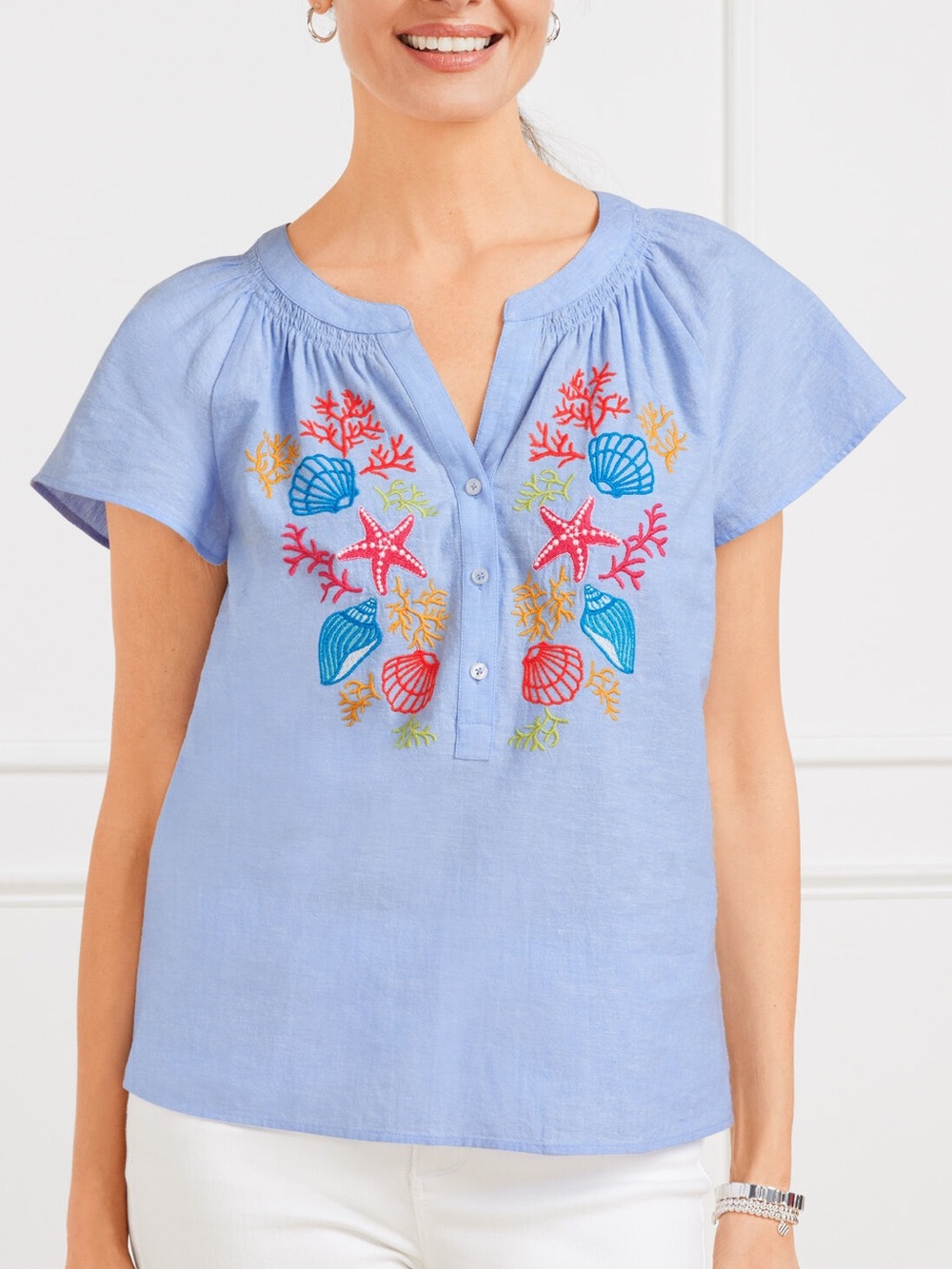 Talbots Petite Linen Cotton Top Embroidered Sea Shells Resort Beach Coral LP
